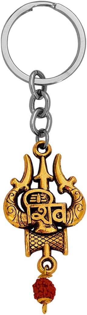 M Men Style Lord Shiv Bholenath Trishul Rudraksha Damru Mahadev Gold Zinc Metal Keychain