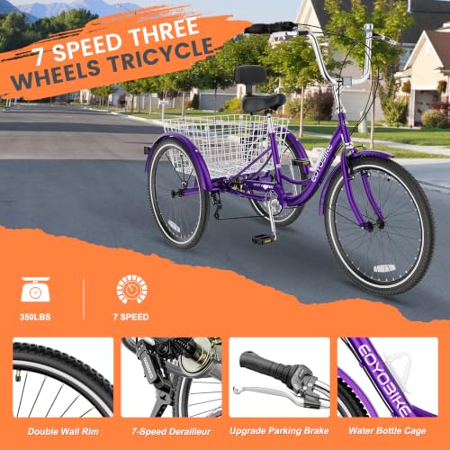Image of Adult Tricycle, 7 Speed Adult Trike, 20 /24 /26 inch 3 Wheel Bike with Basket | Low Step-Through Frame, Wide Seat with Backrest, 350 lbs Capacity, Tricycle for Adults, Seniors, Women and Men