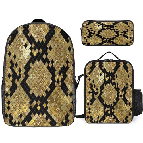Gold Black Snake Pattern Backpack Set 3 Pieces Backpacks Lunch Bag Wallet For Travel Outdoor Sports