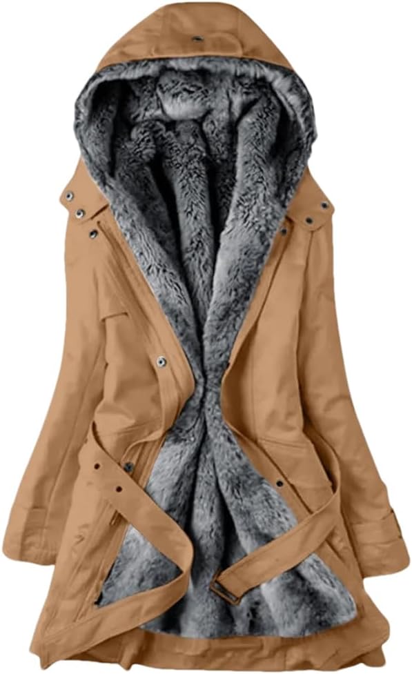 Women Warm Coats Thicken Hooded Parka Medium Length Jackets Solid Zipper Coat with Belt