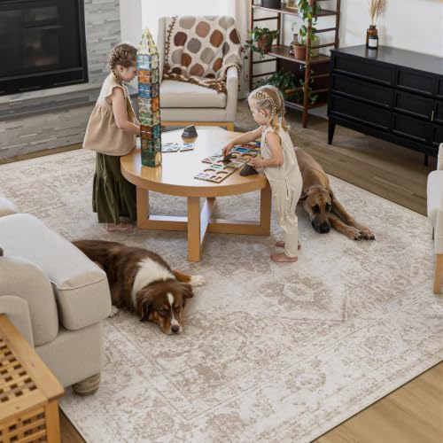 Image of Area Rug 8x10 Vintage Rug: Large Washable Indoor Medallion Rugs Low Pile Distressed Floor Carpet Retro Accent Rug for Living Room Bedroom Kitchen Dining Table Home Office(Beige, 8'x10')