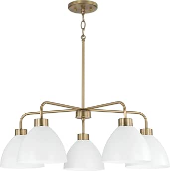 HomePlace by Capital Lighting 452051AW Ross Modern Luxe Art Deco Mid-Century Matte White Metal Cone Chandelier, 5-Light 500 Total Watts, 10" H x 30" W, Aged Brass and White