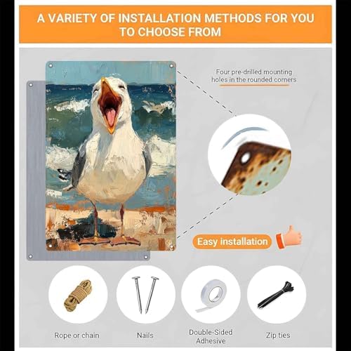 Fun Seagull Metal Wall Art Coastal Animal Decor Painting Pictures Blue Beach Bird posters Prints for Interior Outdoor Room Bathroom Resort Home Decoration 8x12 In — view 6