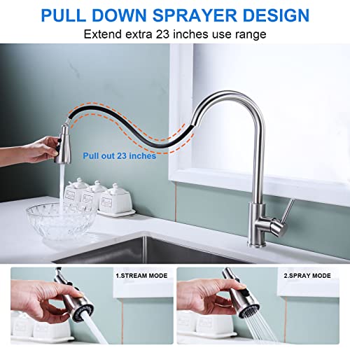 Besworta Kitchen Faucet 17.32 Inch With Pull Down Sprayer, Brushed Nickel Single Handle Pull Out Kitchen Faucets Stainless Steel, Commercial Single Hole Rv Kitchen Sink Faucet High Arc Laundry Faucet #TOP6