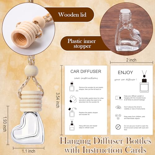 Image of Boao 25 Sets Hanging Car Air Freshener Diffuser Bottles Empty Bulk with Car Diffuser Instruction Cards Organza Bags Glass Refillable Essential Oil Fragrance Aromatherapy Pendant (Heart,Clear)