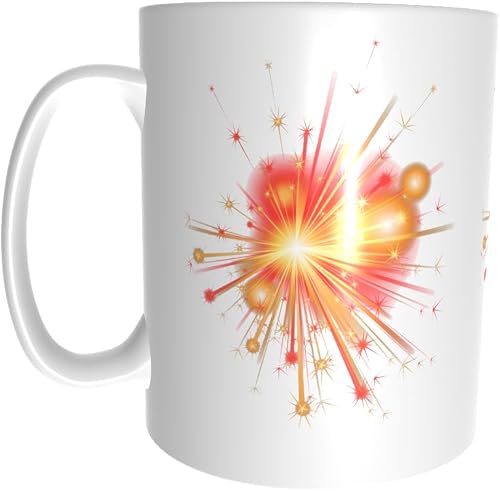 Pandok White Ceramic Mug - Artistic - Graphic Design : Exploding Aerial Fireworks In Gold And Red With Stars - Single Mug