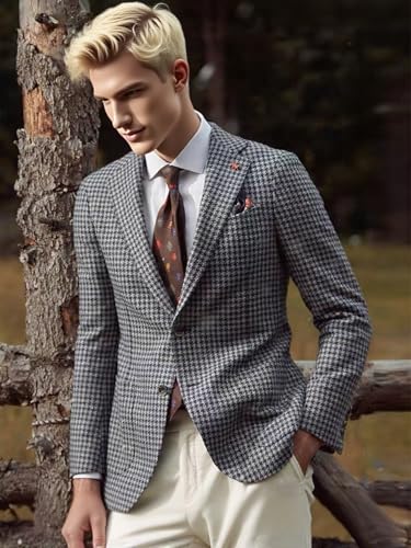 VENNYNG Autumn Houndstooth Blazer for Men Plaid Sport Dress Coat Slim Fit Business Casual Jacket with Notched Lapel4