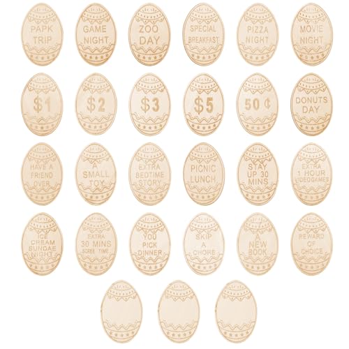 27pcs Easter Egg Fillers, Wooden Easter Reward Tokens Coins Include 24 Different Designs and 3 Blank DIY Tokens Basket Stuffers Activities Gifts for Kids (Egg Shape)