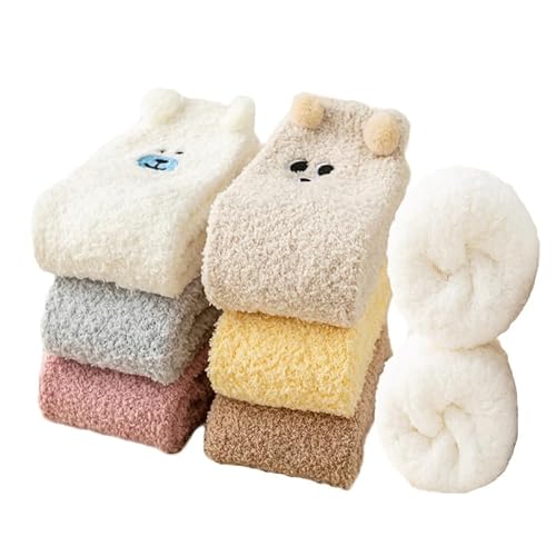 Yolhloy Kuschelsocken Stoppersocken Damen Wintersocken Flauschige Socken Lustige Tier Warme Fleece Thermosocken Bettsocken Haussocken für Frauen Mädchen 35-42, 5 Paar - Bär