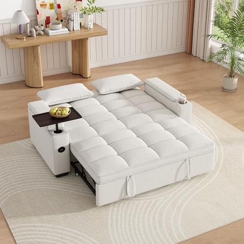 Image of Dreamzie 65'' Convertible Sleeper Sofa Bed with 90 Swivel Side Table, Chenille Pull Out Couch for Living Room, Loveseat Sleeper with Hidden Storage Space | Charging Port | Cup Holders, Beige
