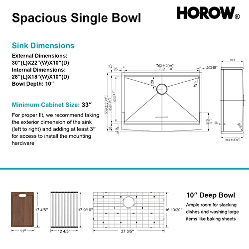 Horow 30 Inch Farmhouse Kitchen Sink, Apron Front Single Bowl Sink With Accessories, 18 Gauge Workstation Sink With Integrated Ledge, Udermount Farm Sink For Kitchen, 30" X 22" X 10", Stainless Steel #TOP7