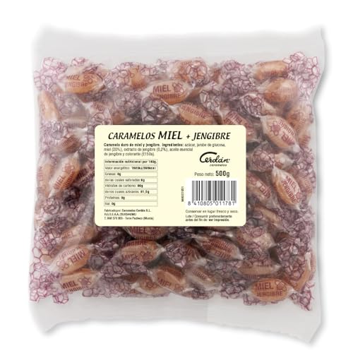 Caramelos Cerdán - Caramelo con 20% de Miel Pura y Jengibre | Caramelo Duro Sin Gluten ni Alérgenos ni Conservantes ni Aromas ni Colorantes Artificiales | Bolsa de 150 Unidades - Medio Kilo