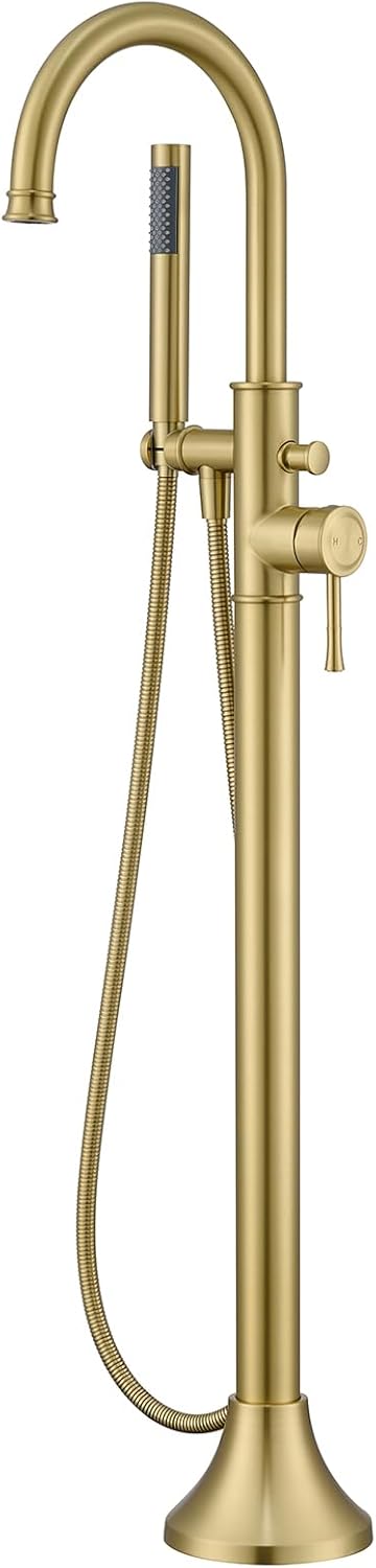 Wowkk Free Standing Tub Faucet Brushed Gold Freestanding Bathtub Faucet Floor Mount Brass Bathroom Tub Filler with Hand Shower