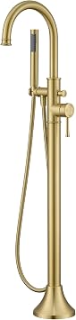 Wowkk Free Standing Tub Faucet Brushed Gold Freestanding Bathtub Faucet Floor Mount Brass Bathroom Tub Filler with Hand Shower