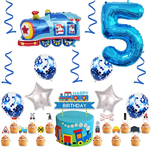 Weenkeey 5Th Train Birthday Balloons Train Balloon 5Th Birthday Decor Giant Train Aluminum Foil Balloon Number 5 Mylar Balloon For Railroad Party Boys Birthday Decor - Blue #TOP3