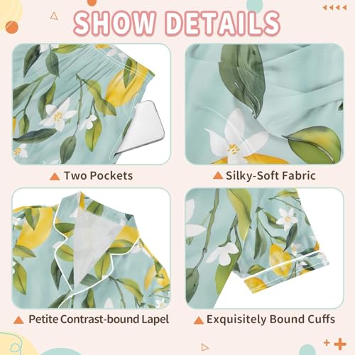 senya Light Blue Lemon Satin Summer Pajama Sets Silk Short Sleeve Button Down Sleepwear3