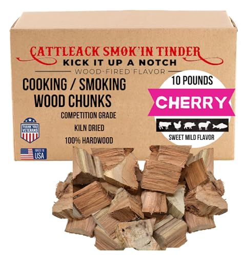 Cattleack Smok'in Tinder Cherry Wood Chunks, Smoking, Grilling, 10lb Box Kiln-Dried Hardwood BBQ Smoking Chunks - Smoker, Charcoal Grill, Mild Sweet Smoke Flavor, Brisket, Ribs, Pork, Chicken (Cherry)