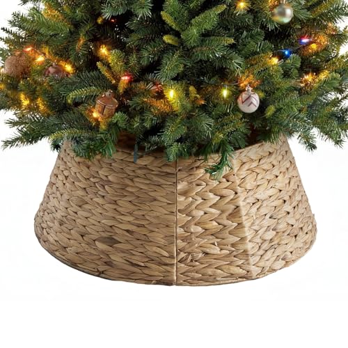 DUMOS 24in Christmas Tree Collar for 4-7ft Trees, Handcrafted Woven Hyacinth Rattan 4-Panel w/Cord Access Hole & Easy Lock Design, Holiday Decor, Natural