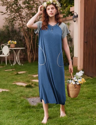Ekouaer Long Nightgown Women's Loungewear Short Sleeve Sleepwear Full Length Sleep Shirt with Pockets4