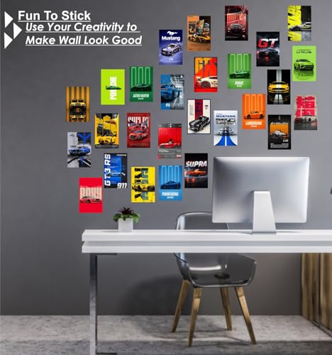 Image of StickerYard Car Wall Posters Set of 27 (4x6 Inch) Mini Prints | Classic Retro Car Collage Kit for Room, Garage & Office | 300 GSM Matte Photo Paper, Double Sided Tape Included | Antique Automobile Wall Art Decor