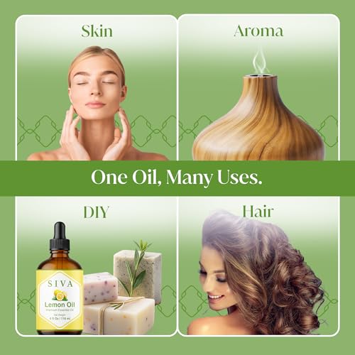 Image of Siva Lemon Essential Oil - 4 Fl Oz - 100% Natural Lemon Oil - for Diffuser, Face, Skin Care, Aromatherapy, Hair Care, Scalp and Body Massage - with Dropper