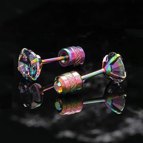 Titanium Screw Back Earrings Colorful Surgical Stainless Steel Rainbow Cubic Zirconia Fake Diamond Flat Stud 316L Hypoallergenic For Sensitive Ear For Women Men Teen Cz Twist Piercing Post #TOP3