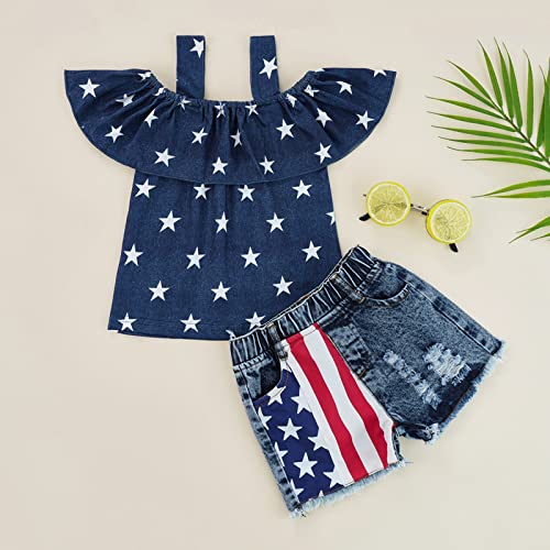 Metaxas Roupas infantis para meninas, manga com babados, alça de ombro de fora + shorts jeans rasgad