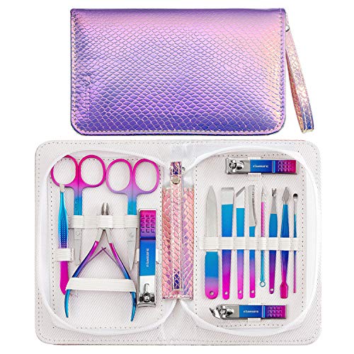 FAMILIFE Nail Clippers Set Manicure Set 15 Pcs Pedicure Kit Set Stainless Steel Professional Manicure Kit Grooming Kits for thick nails Nail Care Tools with Mermaid Purple Travel Case Gift for Women