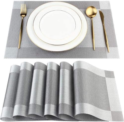 Image of Placemats Set of 6 Dining Table Place Mats | Placemats Table Mat PVC Material | Non-Slip Heat Resistant | Dining Tablemates Washable Anti-Skid | Size 45 x 30cm (Square Grey)