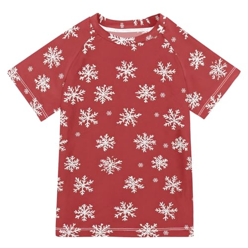 ALAZA Boys Swim Shirts Toddler Rash Guard Short Sleeve Rashguard White Snowflakes Red UPF 50+ 11-12T