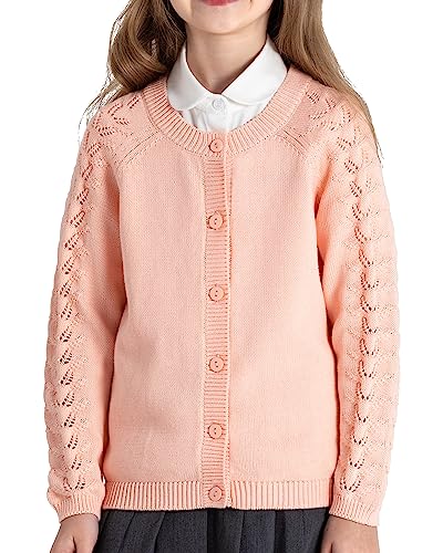 JSTEX Girls Cute Cardigan 100% Cotton Knit Kids Cardigan Long Sleeve Crew Neck Button Sweaters for Girl Size 4-14
