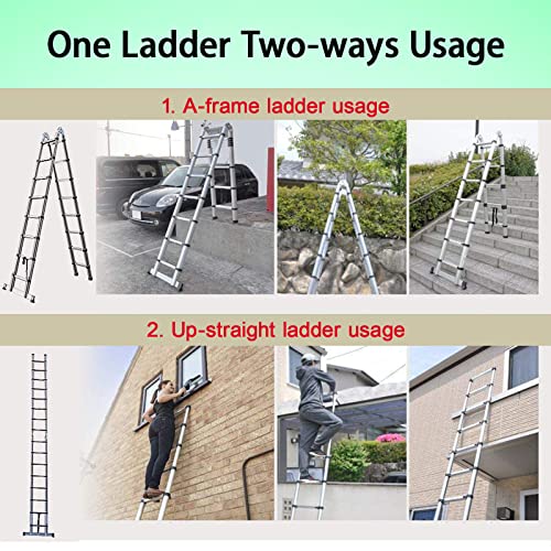 Aluminum Telescoping Telescopic Ladder 12.5Ft/6.2+6.2Ft A Frame Folding Straight Ladder Portable Extension Heavy Duty Compact Ladder With Support Bar 330Lb Load Capacity En131 Safe Standard #TOP6