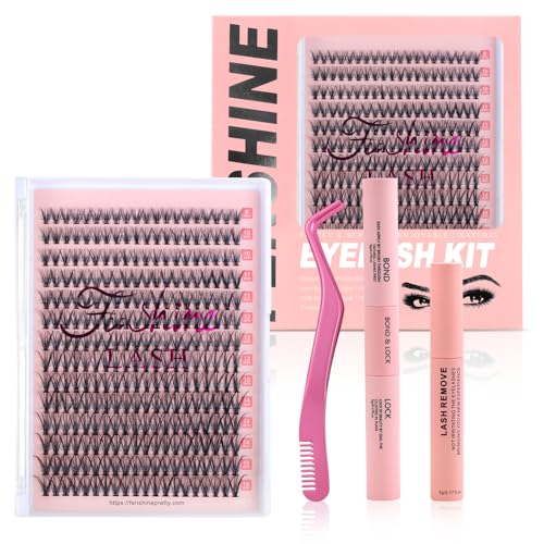 Fenshine Cluster Lashes Individual Lashes Wide Stem C/D Curl 9-16mm Length DIY Eyelash Extension Individual Soft False for Personal Use at Home (MIX 9-15mm, 30P Eyelash Kit with Remover)