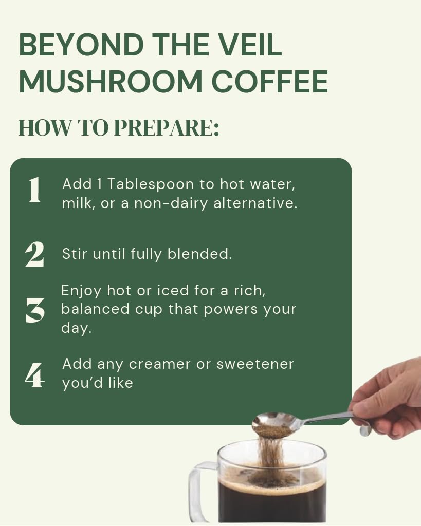 Beyond The Veil Mushroom Coffee with Lion's Mane, Chaga, Cordyceps, Reishi, Maitake, Turkey Tail, Organic Vegan Instant Coffee, 30 Servings, 5.7oz