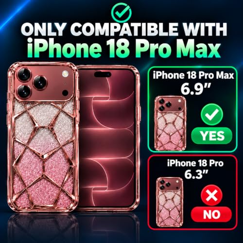 Image of VONZEE Gradient Glitter Back Cover Case Compatible with iPhone 18 Pro Max, Luxury Electroplated 3D Cube, Diamond Bling Shiny Soft TPU Clear Shockproof Women Girls Protective Phone Cover (Rose Gold)