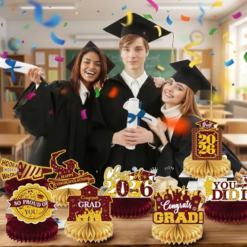 Image of 2026 Graduation Party Decorations - 8 Pcs Maroon Gold Class of 2026 Graduation Party Table Decor Honeycomb Centerpieces for Tables Congratulate for 2026 Congrats Grad Party Supplies