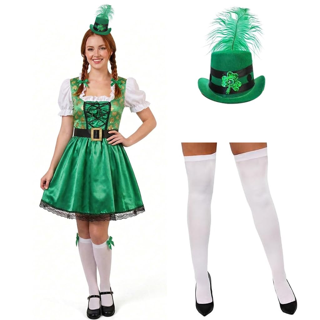Ladies St Patricks Day Dress - Green Shamrock Print Dress + White Stockings + Mini Green Top Hat With Feather - Irish Lady Fancy Dress Costume (Uk 12-14)