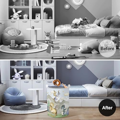 Clastyle 45L Cute Dinosaurs Kids Laundry Hamper for Boys Girls Mountain Tree Cloud Round Toys Clothes Storage Basket for Nursery Room, 14.2x17.7 in, 36x45 cm (CTS0189) - Image 2