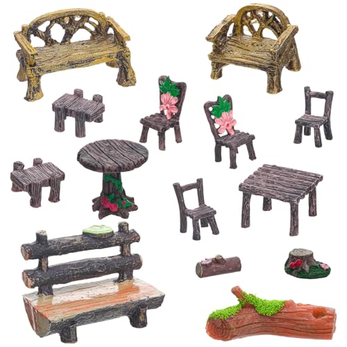 GGSTDDUP 14 Pcs Fairy Garden Accessories, Miniature Table and Chairs Set, Mini Resin Furniture, Miniature Garden Figurines for Fairy Garden Dollhouse Landscape DIY Craft Glass Container Desktops Decor
