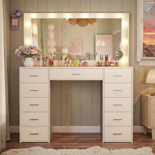 HUAHUU Large Vanity Desk with Mirror and Lights, 43.3" Makeup Vanity Desk with Lights, 3 Color Hollywood Bulbs, White Vanity with 11 Fabric Storage Drawers & Power Outlets for Bedroom Dressing Room