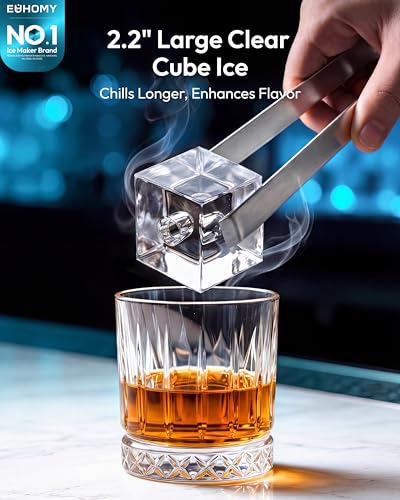 Image of EUHOMY 2.2'' Clear Ice Cube Maker Countertop with APP, 2 Square Ice Ready in 27 Mins for Whiskey, Slow-Melting & Self-Cleaning, 110 Pcs /Day, 24H Timer, Clear Ice Maker with Ice Tong for Home /Bar