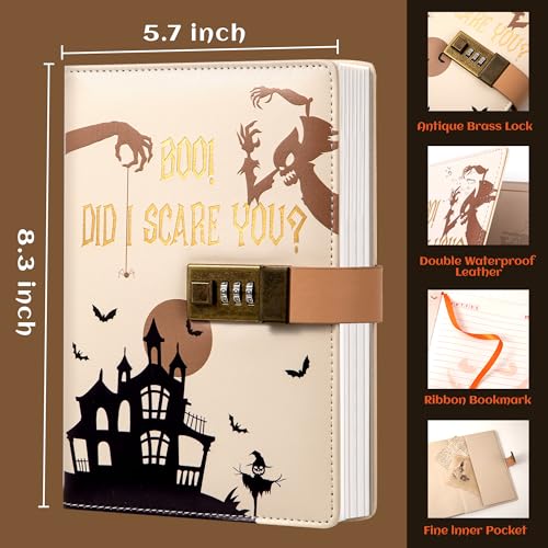 CAGIE Journal with Lock for Women Men, A5 Locked Journal with Pumpkin Pen Set, Halloween Notebook with Combination Lock 192 Pages Diary with Lock, 5.7x 8.3 Inches, White — view 2