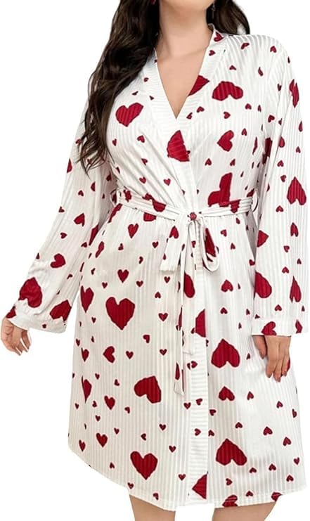 Women's Robe, White with Black Heart Print, Long Sleeve, Belted Wrap Style, Knee Length-image-34
