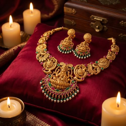Image of Gold-Plated Antique Temple Jewellery Set for Women - Traditional Necklace with Large Peacock Pendant & Matching Jhumka Earrings | Ethnic Festive & Bridal Wear Set with Ruby & Emerald Accents