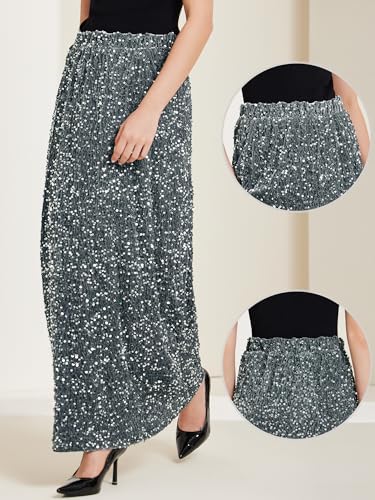 Allegra K Sequin Velvet Skirt for Women's Elastic Waist Sparkle Party Maxi Skirt2