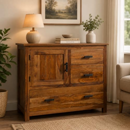 Solid Sheesham Wooden Storage Cabinet with 3 Drawer and 1 Door St...