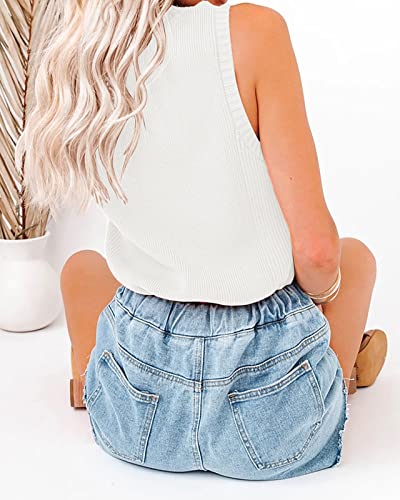 Rilista Women's Mock Neck Sweater Vest Casual Sleeveless Solid Stretchy Summer Ribbed Knit Tank Tops White #TOP2