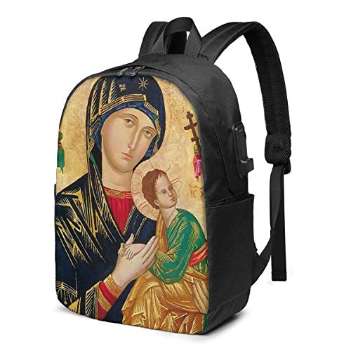 Lsjuee Our Mother of Perpetual Help, Icon Art Mochila Escolar USB Mochila de Lona de Gran Capacidad Mochila de Viaje Informal para Adultos T