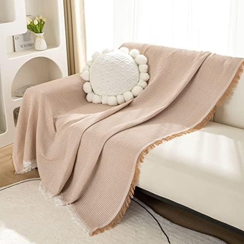 LHGOGO Waffle Sofa Throws Large 3 Seater Woven Sofa Throw Blanket with Tassels Reversible Versatile Throws for Sofas Large Throws for Settees Couch Sofa Bed and Armchair 180x300cm - Beige