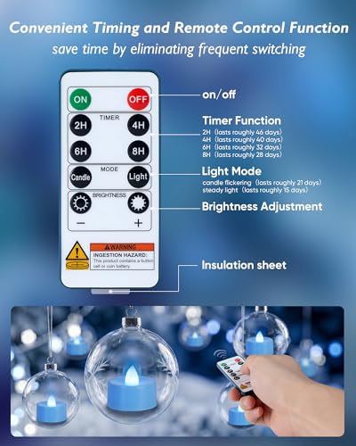Image of Homemory 12-Pack Light Blue Remote LED Battery Tea Light Candles, 400+ Hrs | 2 /4 /6 /8H Timer Flameless Flickering Tealight Votives for Weddings /Baby Showers